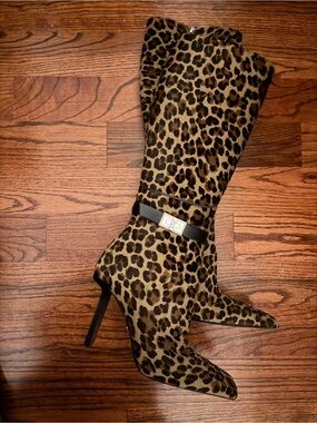 Leopard Print Knee-High Stiletto Boots - Brown